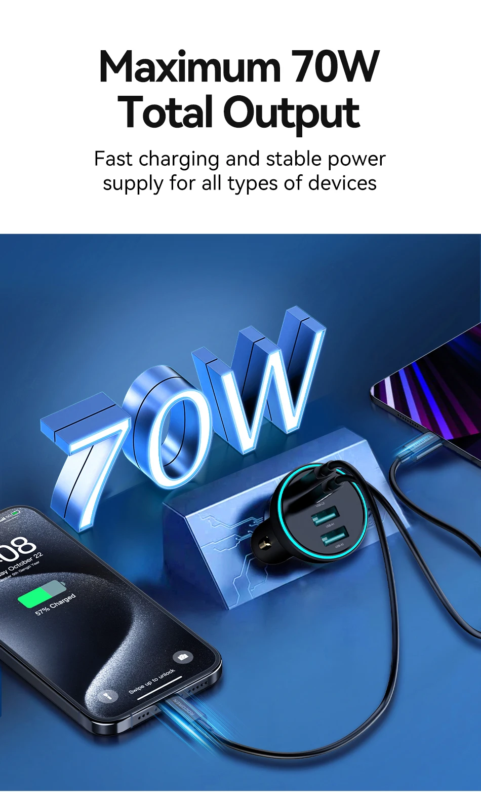 Rocoren 4-in-1 USB-C-Autoladegerät, 70 W, schnelles Aufladen, USB-Typ-C-Autoladegerät, PD QC4.0, Autoladegerät-Adapter für iPhone, Xiaomi, Samsung – Detail 5