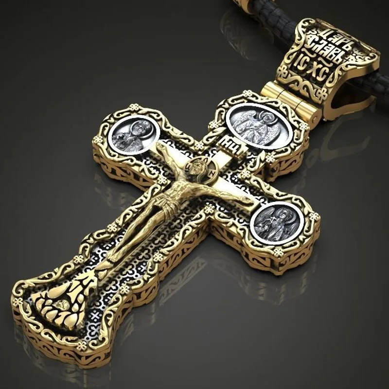 

23g Byzantine Diptych Cross Long Big Cross Orthodox christian gold Saints prayer cyrillic Pendant 925 SOLID STERLING Silver