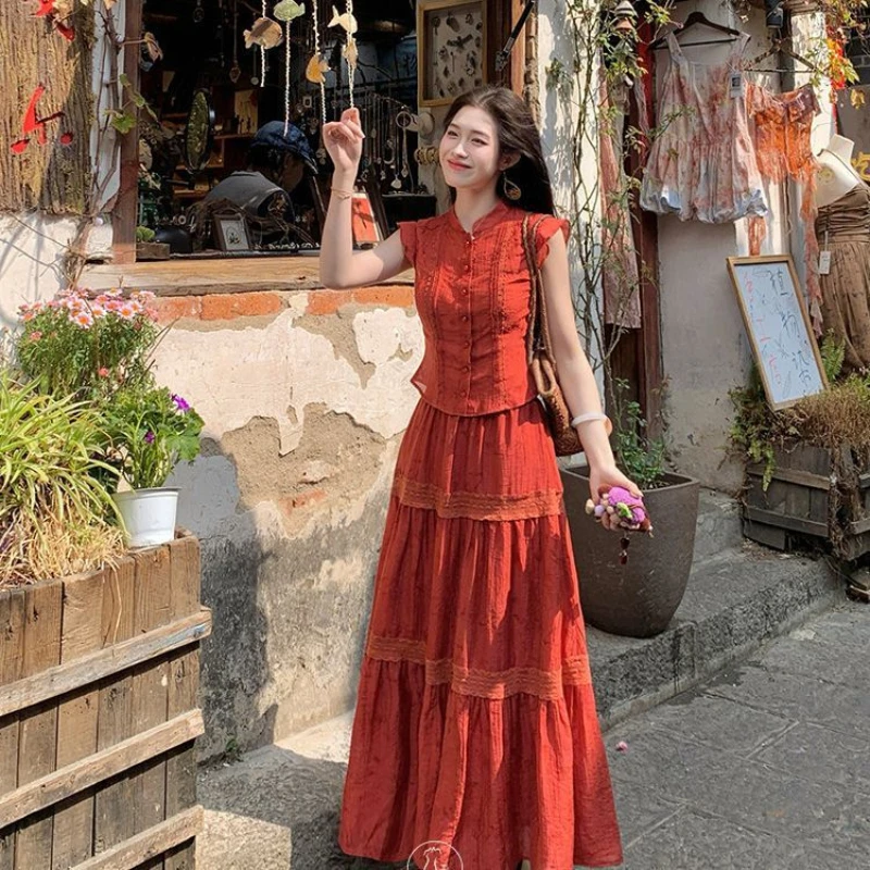 

French style retro two-piece set women's summer new stand up collar flying sleeve top high waist half skirt vacation style set