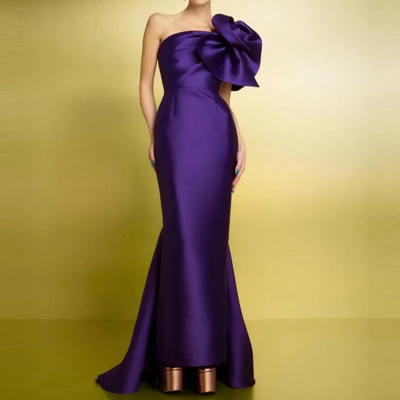 Customized Elegant Purple Solid Color Evening Dresses Folower One Shoulder Mermaid Formal Prom Dressing Gowns Women Satin Vestid