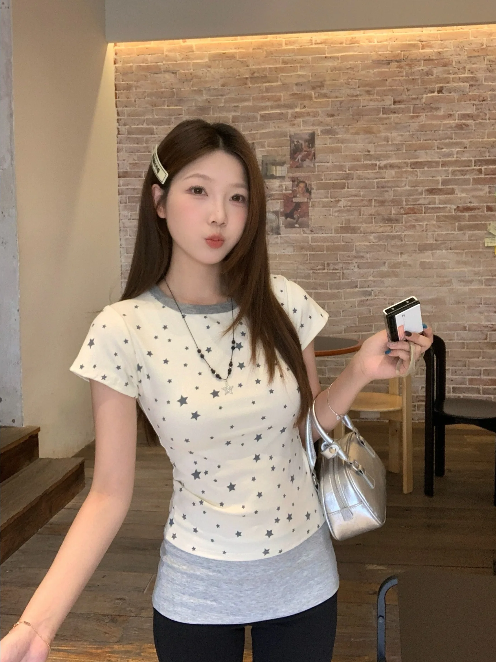 

plus Size Women's Slim Fit Short Sleeve T-Shirt Star Print Casual Top Korean Style Summer Fashion Trendy High Waist Design