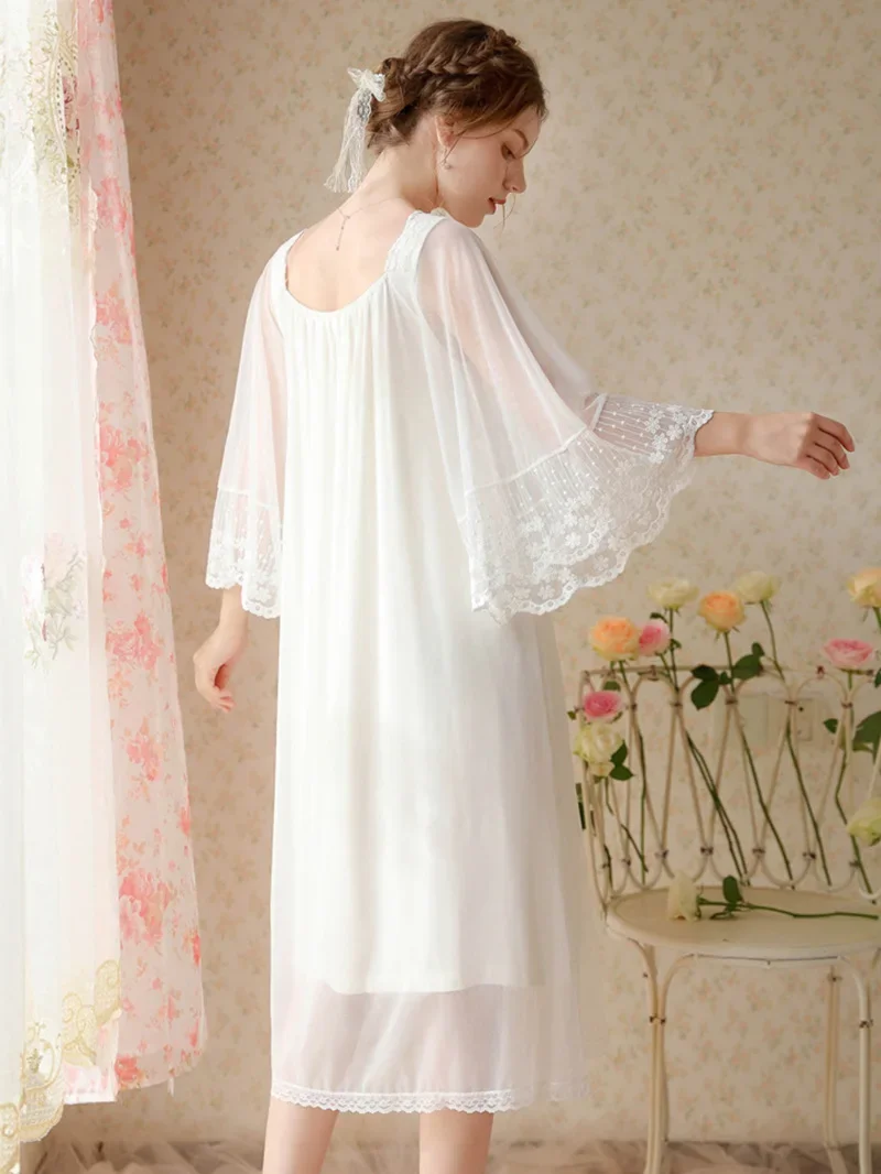 White Fairy Sweet Mesh Princess Nighty Dress Flare Sleeve Embroidery Lace Peignoir Nightwear Victorian Nightgowns Sleepwear