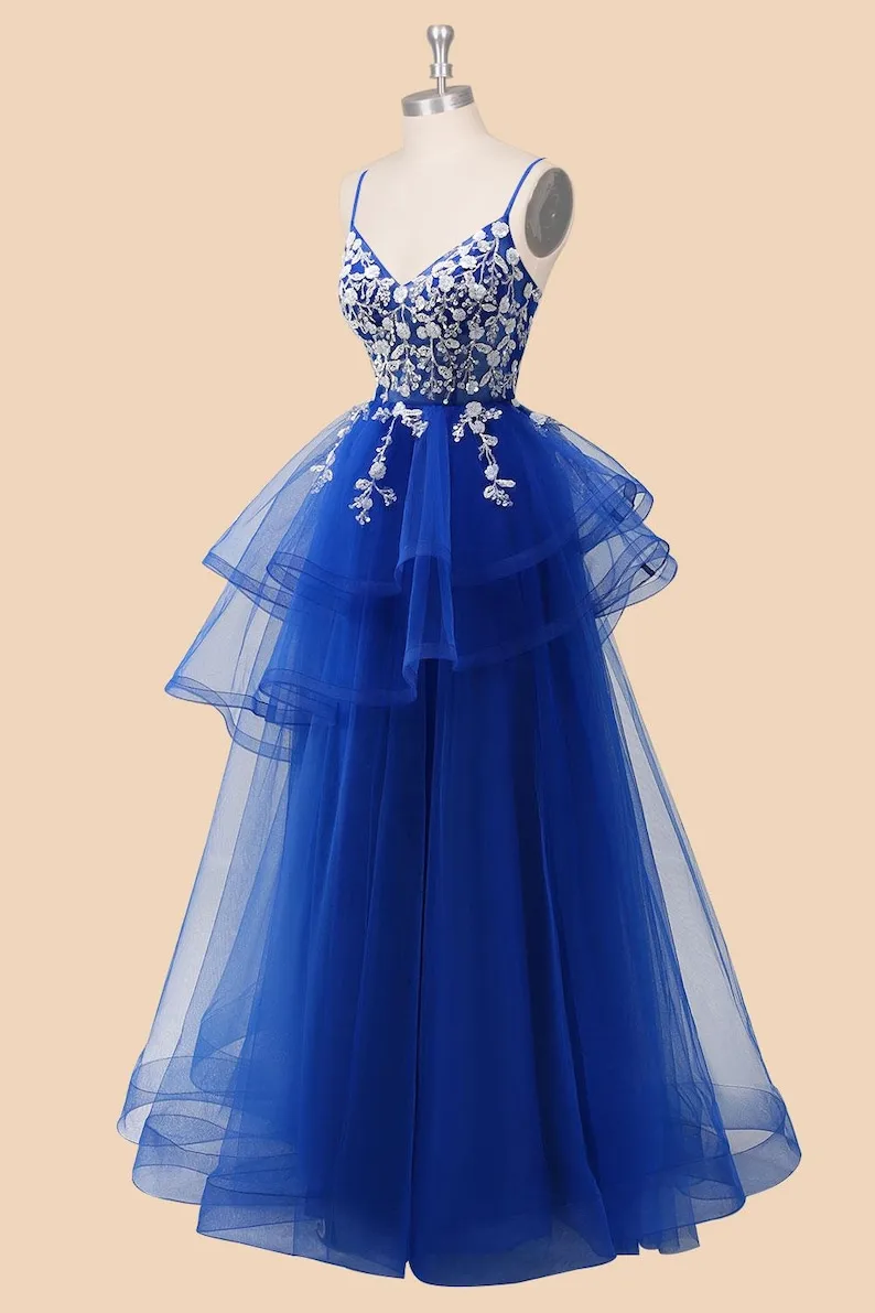 

Custom Royal Blue Sequin Prom Dress, Tiered Corset Party Dress Formal Dress Women Elegant