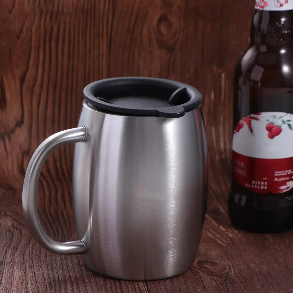 420ml Stainless Steel Beer Mug Portable with Handle Lid Coffee Cup Double Wall Durable Office Water Mugs Camping