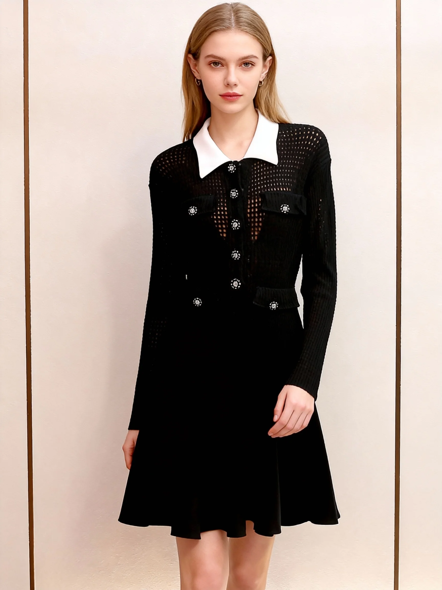 

【Gift Free】2025 Autumn Winter French Tweed Contrast Collar Fake Two-Piece Slim Fit Stitching Long Sleeve Knit Dress for Women