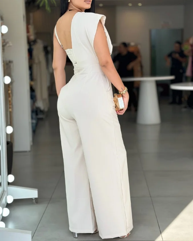 Cold shoulder sleeveless pocket design jumpsuit casual backless wide leg jumpsuit women's party dinner formal long jumpsuit