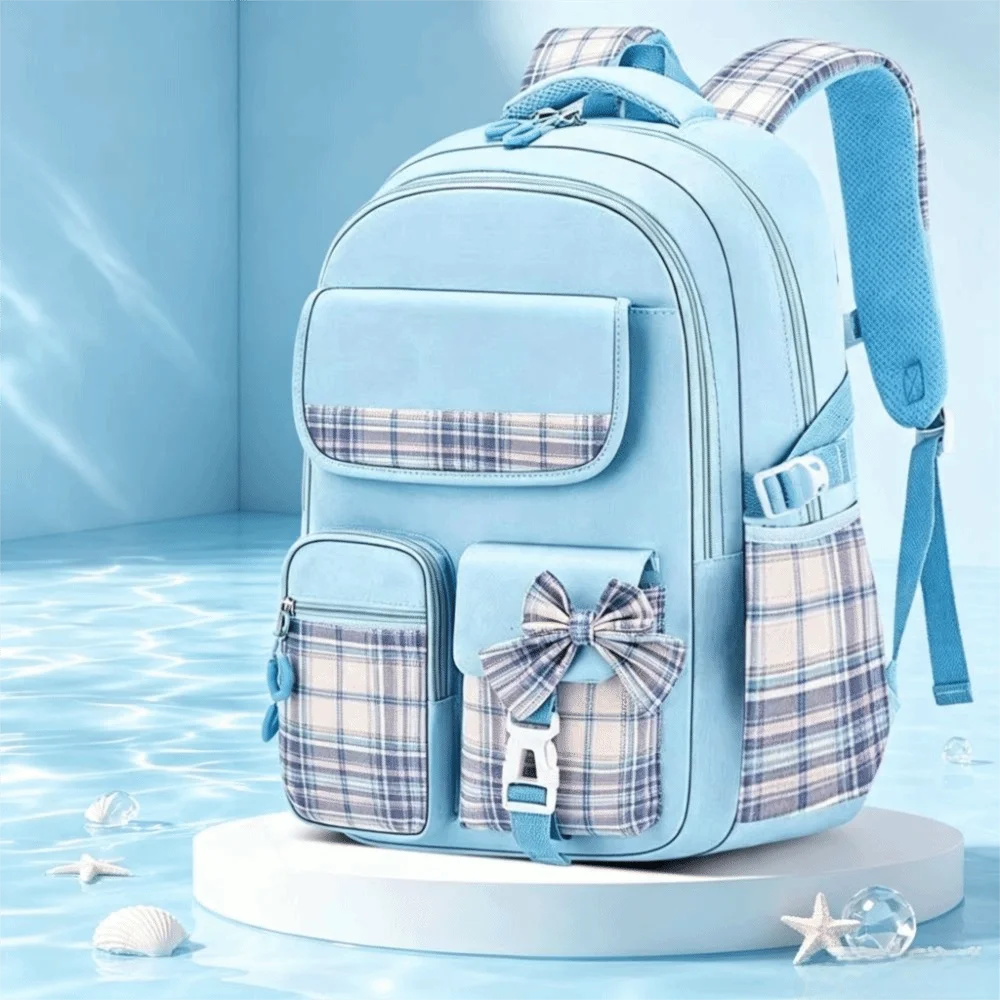 Spine Protection Large Capacity School Backpack Plaid Bow Backpack Checkered Waterproof Girls Backpack Bookbag