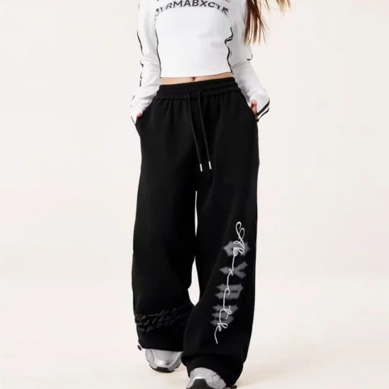 Amerykańskie spodnie sportowe damskie w stylu vintage, szerokie nogawki, modne trendy streetwear, styl koreański, spodnie do tańca.