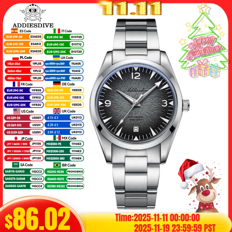 

ADDIESDIVE 39mm Watch For Men Luminous AD2508 316L Stainless Steel 10Bar Waterproof 8215 Movement Automatic Mechanical Watches