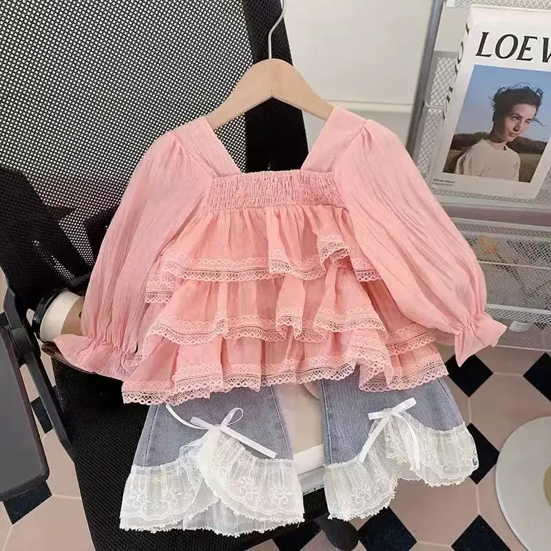 Girls Suit Spring and Autumn New Childrens Clothing Girls Baby Fashion Lovely Lace Top Jeans Two Sets Casual Simple 2