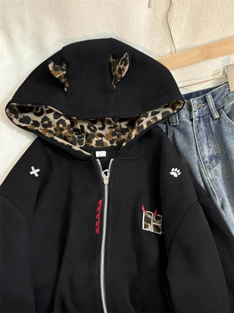 Herbst Winter Leopard Print Patchwork Mit Kapuze Sweatshirt Frauen Casual Lose Zipper Jacke Y2k Harajuku Mode Oberbekleidung Tops Neue