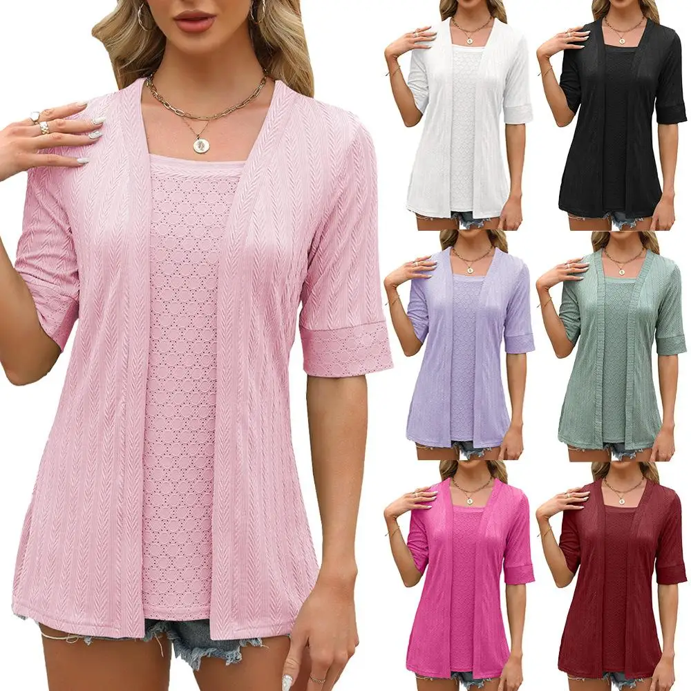 

Women's Eyelet Embroidery T-shirt Short Sleeve Square Neck Fake Two Pieces Top Spring Summer Top Blouse