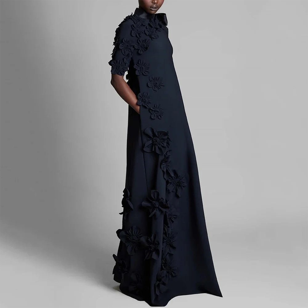 맞춤형 블랙 하이 칼라 롱 이브닝 드레스 우아한 A라인 공식 행사 프롬 가운 꽃 장식 플로어 길이 프롬 드레스