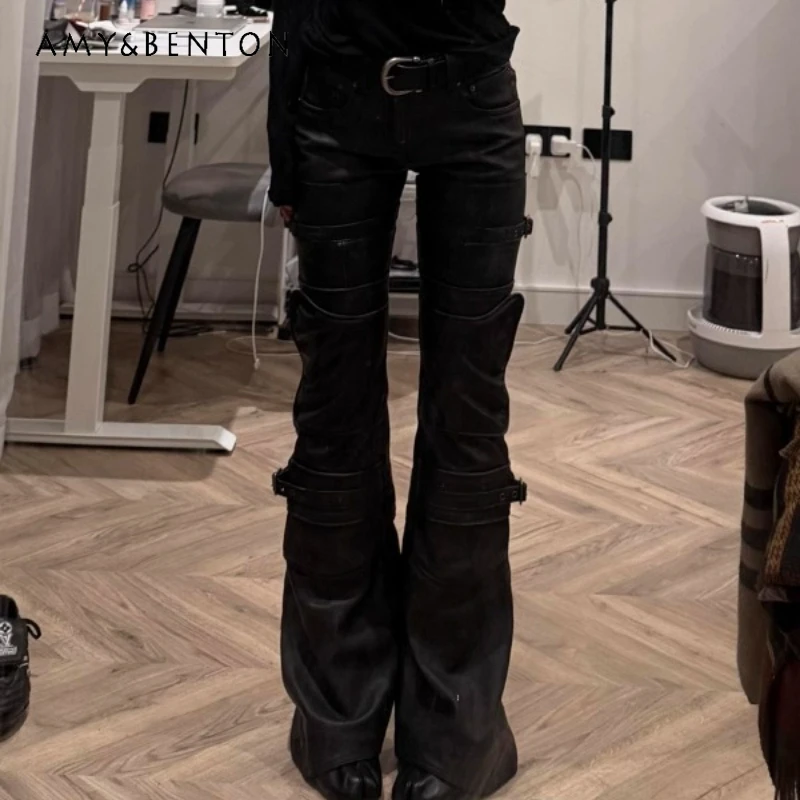

American Retro Design Black Women's Bell-bottoms 2025 Winter New Sweet Cool Hot Girl Slimming Punk Slimming Leather Pants Ladies