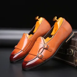 New Shoes for Men Leather Casual Monk Shoes Pointed Toe British Style Business Leisure Dress Shoes