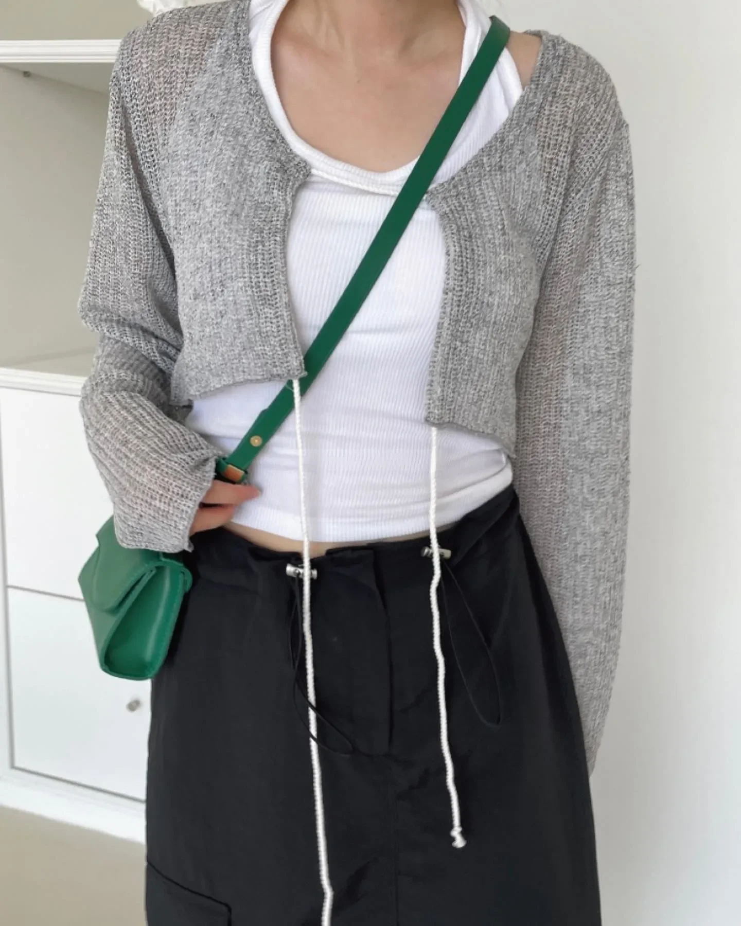 2024 Autumn for Women Korean Style Ultra-short Half-cut Chest Drawstring Tie Cardigan Loose Long-sleeved Slim Sweater  Tops