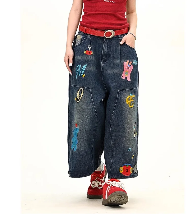 Vintage Cartoon Embroidered Jeans Women Spring Summer Loose Wide Leg Denim Pants r46