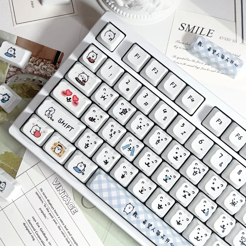 NEW Cute Bear PBT Keycaps Hope You Happy Every Day 5-Side Dye Sublimation Wear Resistant for MX Cross Stem Mechanical Keyboard