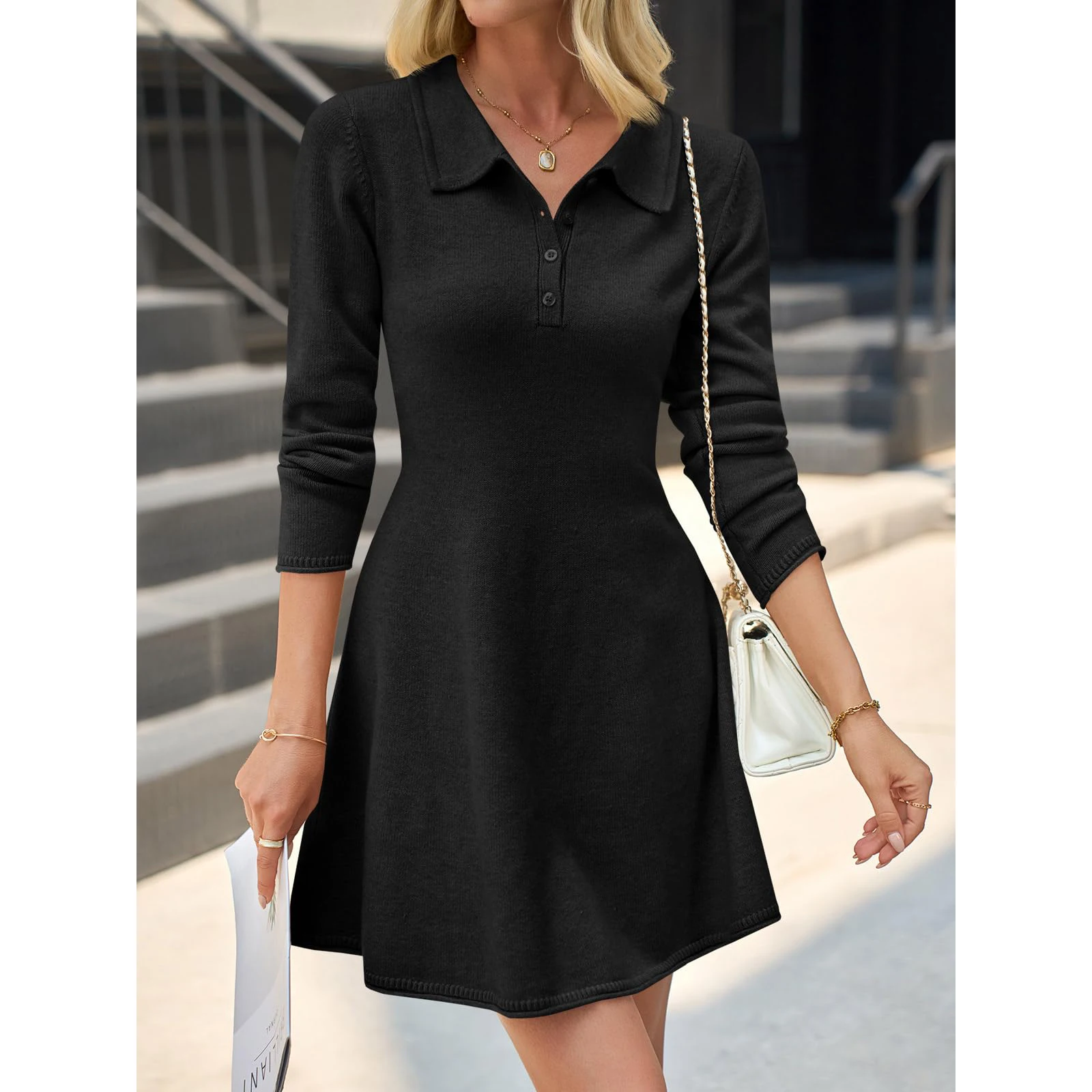 فستان نسائي يومي للعمل بلون سادة مع أزرار فستان نسائي بأكمام طويلة بطول الركبة فستان مريح أنيق