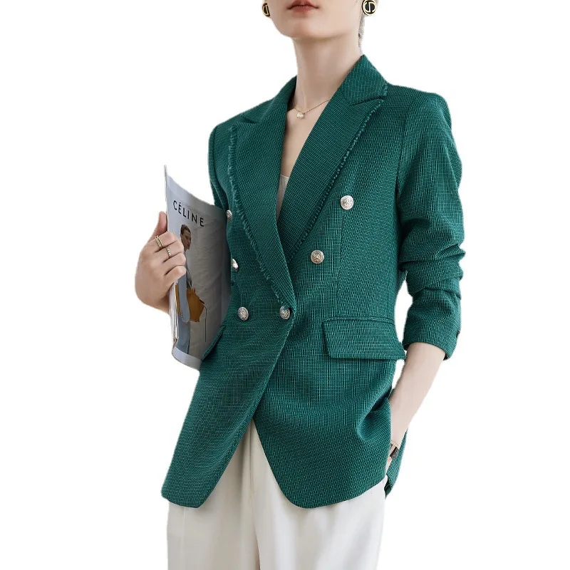 Women Green Double Breasted Slim Blazer Jacket Vintage Long Sleeve Pockets Female Outerwear Chic Suit Coat