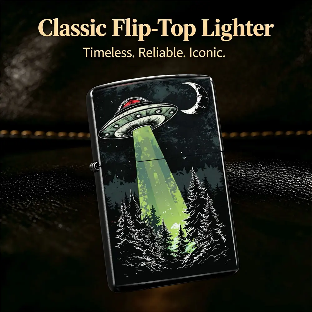 Pocket Lighter, Flip-Top Windproof Design, Metal Shell, Alien Flying over Forest with Full Moon Art, Comfortable Grip, Portable & Durable