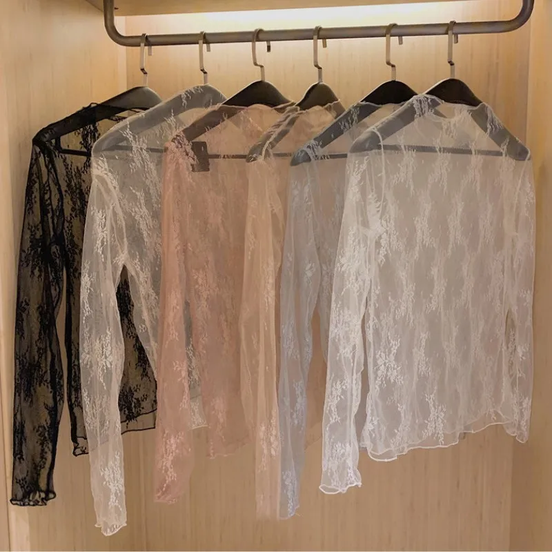 

Women Lace Floral T Shirt Transparent Mesh Tees Sheer Blouses See-Through Black Long Sleeve Tops Female Bottoming Shirts