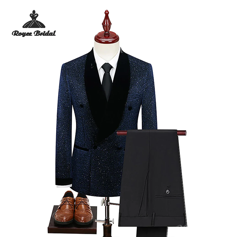 Sparkly Navy Sequin Two Piece Men's Suit Wedding 2026 Shawl Lapel Evening Prom Suit Customized trajes para hombre
