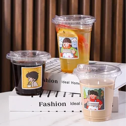 10PCS 520ml Plastic Disposable Cups with Lids Straws Leak Proof Paper Stickers Cold Drinks Milk Tea Coffee Beer Party Drinkware