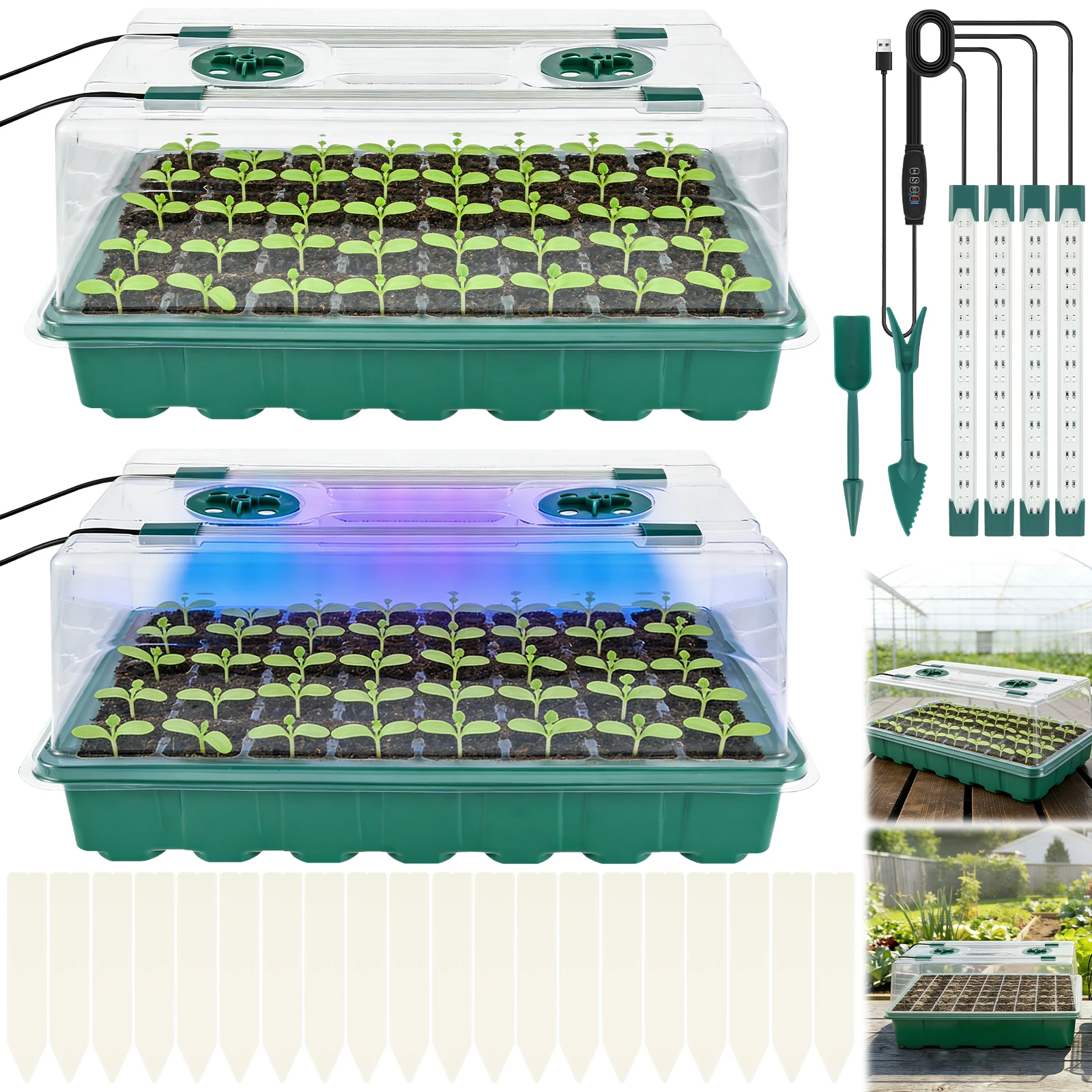 

Набор для выращивания рассады из 2 лотков на 40 ячеек с фитолампой и функцией таймера, самополивающийся, для сада