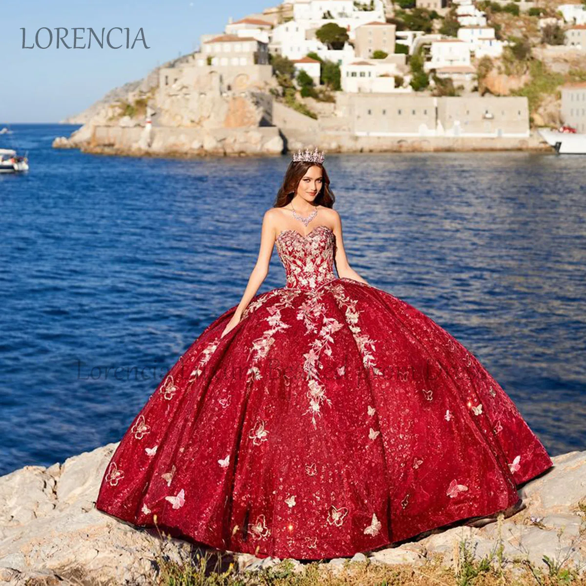 Quinciara-vestido de encaje con lentejuelas para mujer, traje rojo con manga tipo capa, sin mangas, con apliques de flores, para baile de 16 a 15 años, 2024