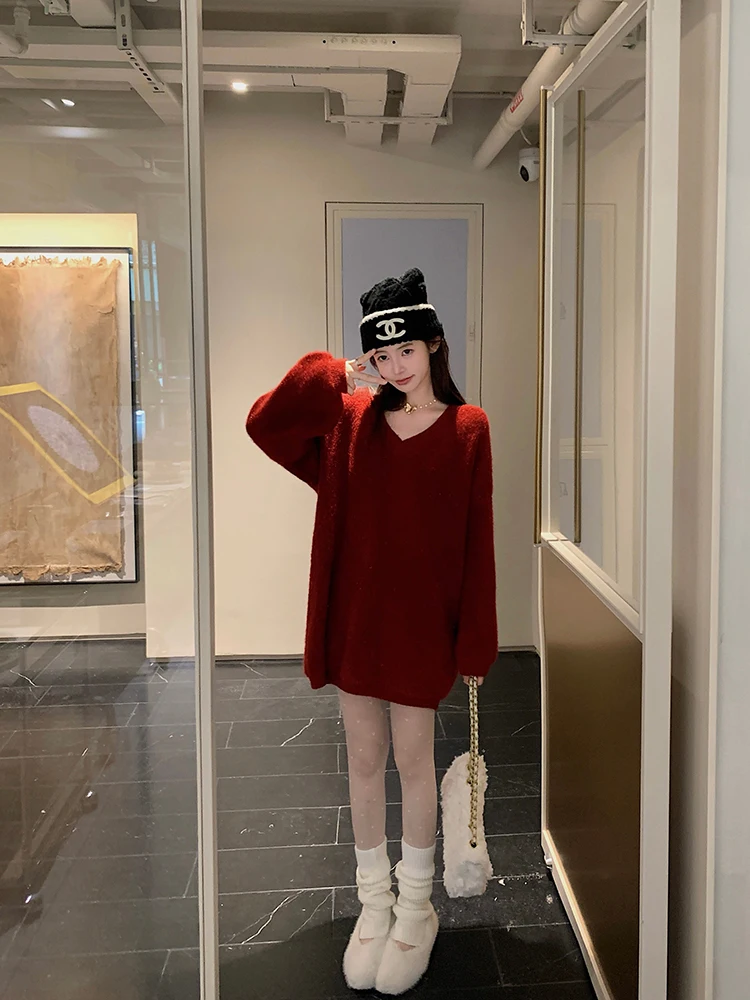 

Chen Dayau Red iny Tead Sweater Women's Autumn Winter Loose Long V-Ne Pullover Knitwear Warm Thiened Mid-Length