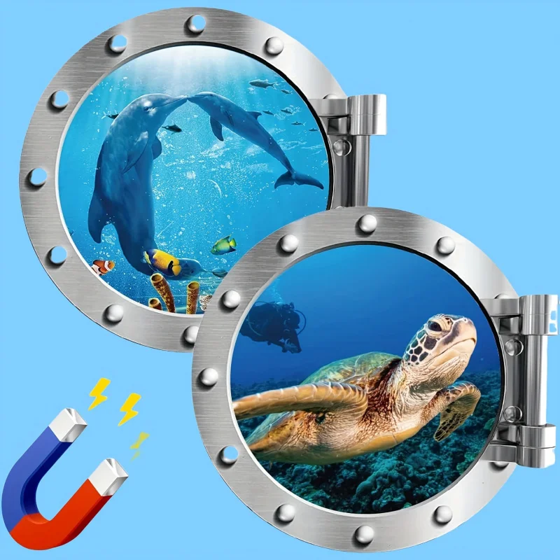 2pcs Cruise Door Decorations Magnetic Cruise Porthole Magnets 10 Inch Set Palm Tree Island Sea Turtle Dolphin Ocean Nature