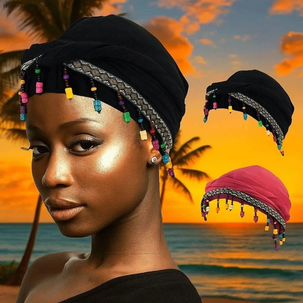

Bonnet Hat Elastic Colorful Beaded Headscarf Hijab Ethnic Style Pre-tie Head Wraps Dome Solid Color Printed Tail Turban Gifts