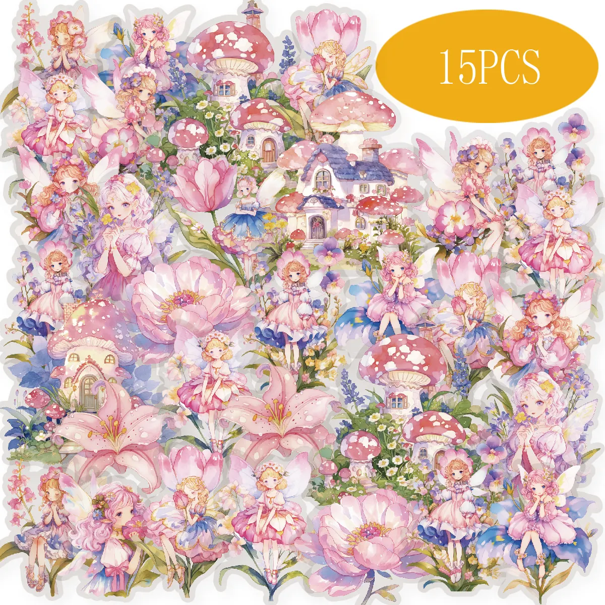 Etori Life Pink Winged Fairy Cute Elf Girl with Fairy Tale Mushroom House Pink Theme Stickers for Scrapbooking Supplies, Room Decoration, Photo Albums, Gift Box Packaging, Student Stationery, Girl Gifts, Children's Stickers