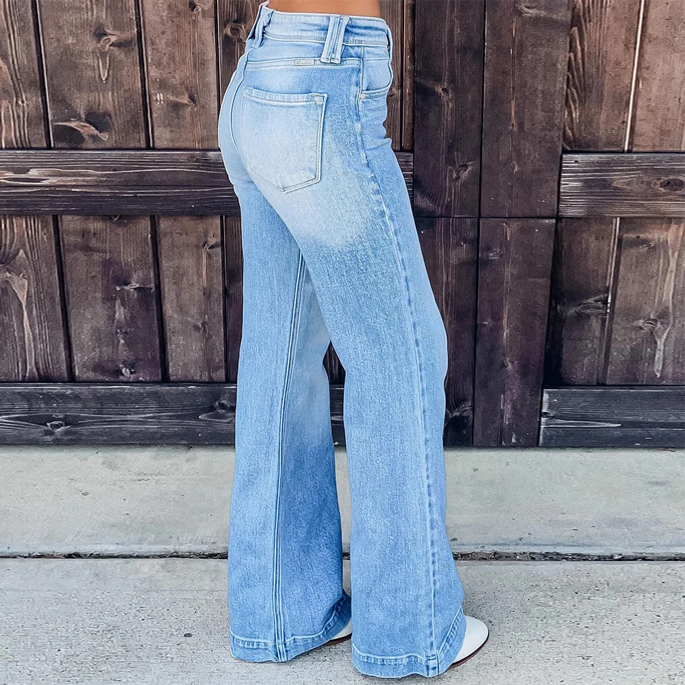 Jeans Denim Pant Women Long Pants Bodycon Button Pocket Splice Straight Trousers Solid Y2k Blue Mom Mid Waist Slim Streetwear