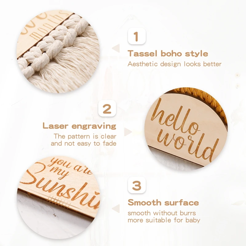 8pcs/set Wooden Baby Milestone Cards Cloud Sun Tassel Milestone Memorial Monthly Baby Commemorativenir Newborn Photo Accessories