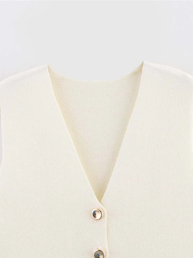 Chalecos de verano para mujer, abrigos informales lisos con cuello en V tejido, chaleco de una sola botonadura, chaleco de calle elegante para mujer, prendas de vestir exteriores 2025