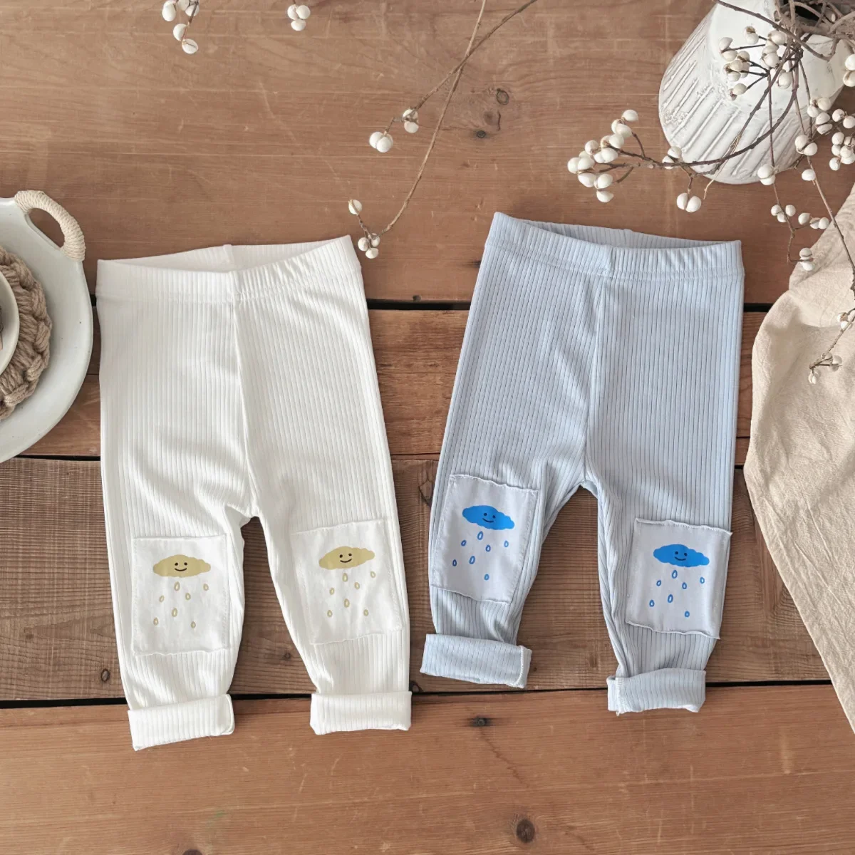Infant 2Pcs Stretch Ribbed Leggings Smiley Cloud Rain Pattern Patch Pocket Baby Casual Daily Trousers