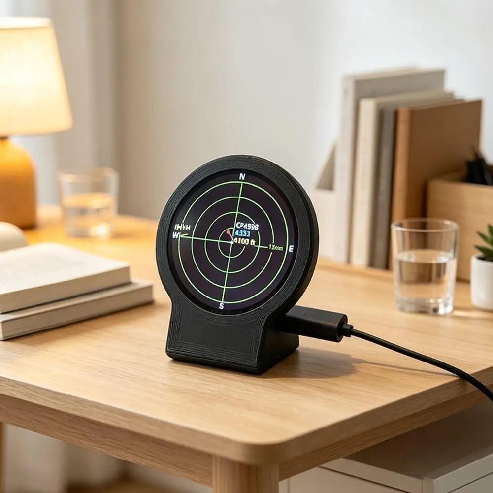 USB-C Deskradar, Live ADS-B Flight Tracker Gadget with Sonar Circular Display Screen 3D Printed Case Aviation Desktop Ornament