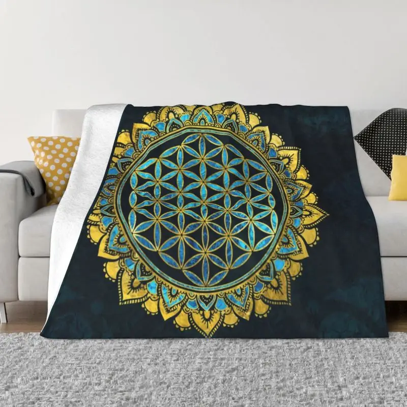 

Flower Of Life Gold An Blue Texture Glass Ultra-Soft Fleece Throw Blanket Flannel Mandala Geometric Pattern Blankets Bed Quilt