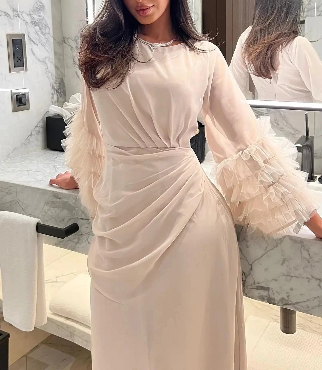 Customized Chiffon Mermaid O-neck Evening Dress Cuff Pleated Three Quarter Sleeves Dubai Arab Ankle Length Porm Dresses