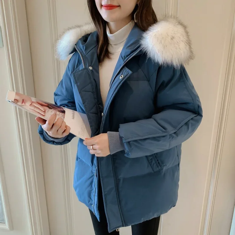 

Loose Fur Collar Parkas Women Autumn Winter Thick Warm Down Coats Solid Color Zippers Hooded Outwear Urban Women Commute Jackets