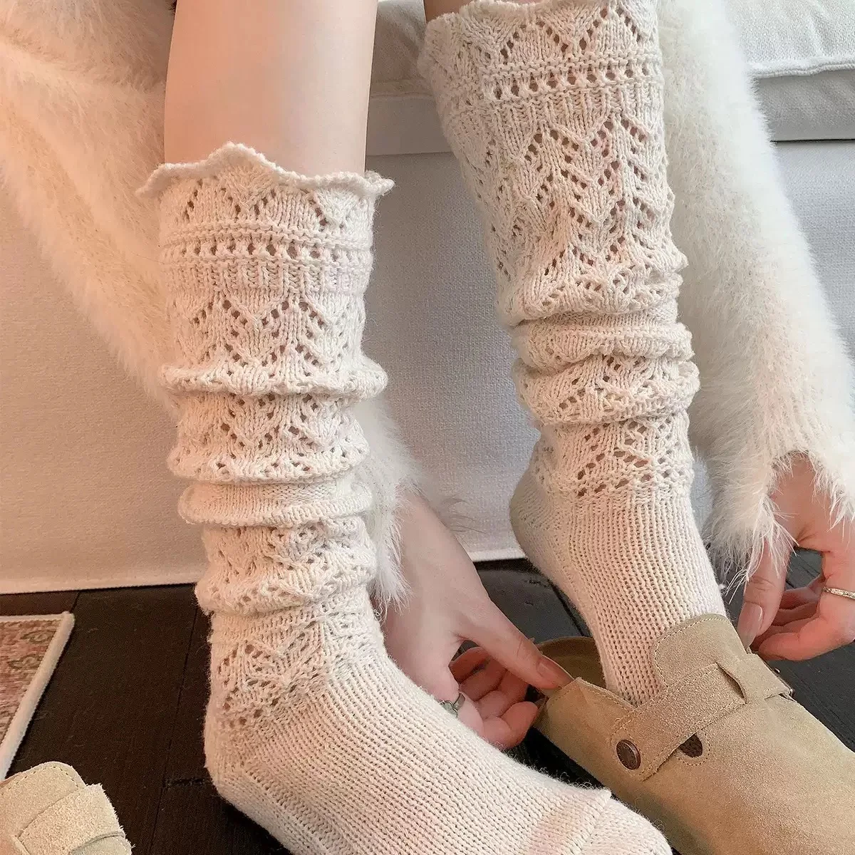 Damen-Socken aus hohlgestrickter Baumwolle, Frühlingswarme Retro-Wadensocken, japanische Mode, JK, Lolita, Urlaub, Freizeit