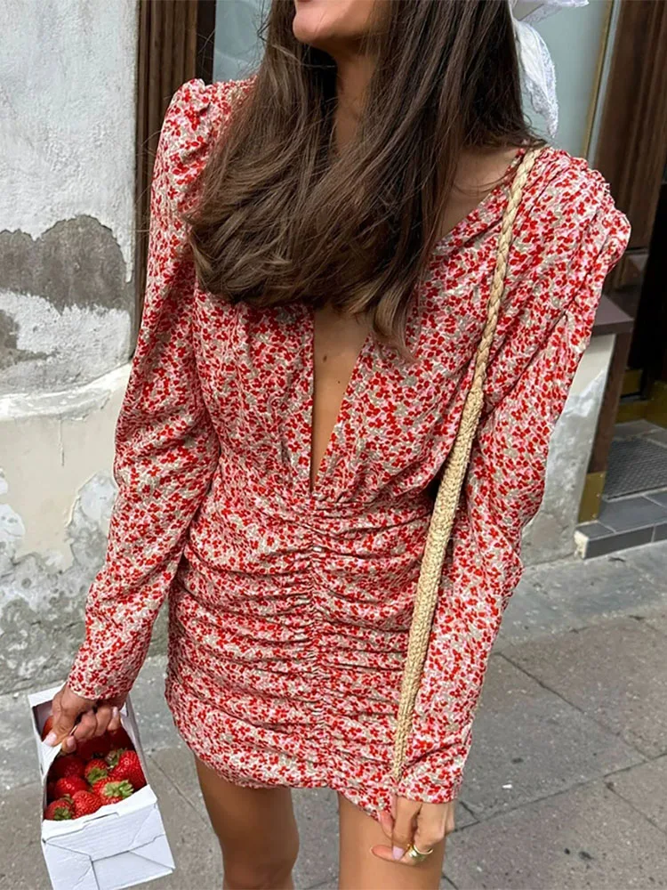 Robe de soirée amincissante à manches longues pour femmes, décolleté en V profond, mode française, Design froissé, robe courte, vacances de printemps, imprimé Floral, 2026