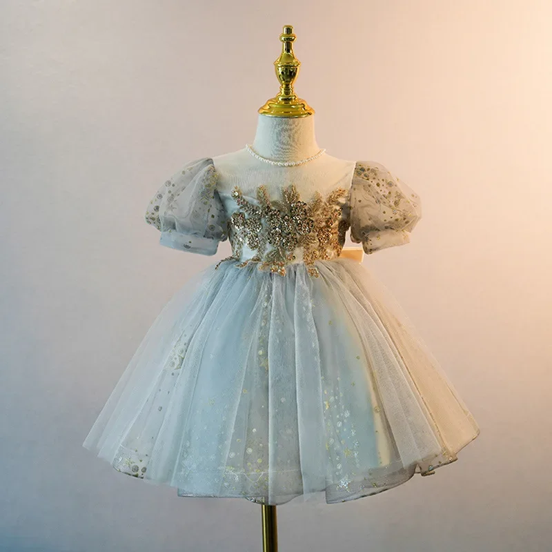 Princess Sequined Dress for Baby Girls Child Girl Elegant Tulle Ball Gowns with Big Bow Toddlers 1st Birthday Party Dresses