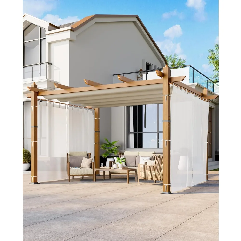 

10x13Aluminum Outdoor Pergola with Retractable Roof and Side Mesh Screens, Modern Faux Wood Grain Metal Patio Shelter