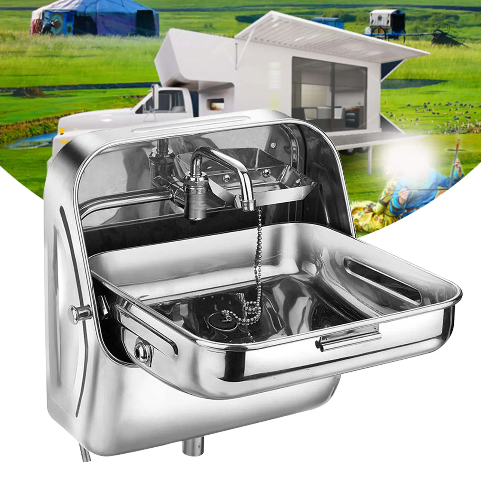 

RV Caravan Wall Mounted Sink and Drainer Out 304 Stainless Steel Rectangular Folding Sink with a Cold Water Tap