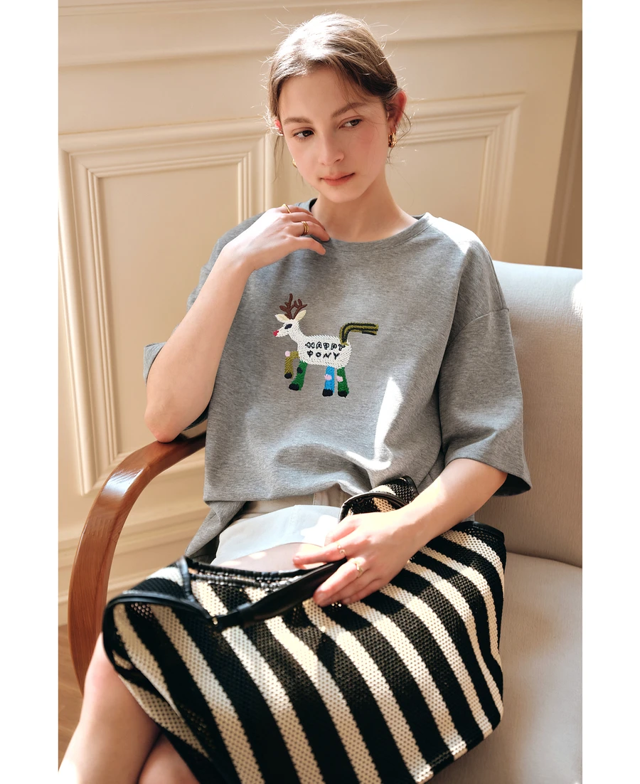 OLrain Zomerkleding Vrouw 2025 Grijs O-hals Oversized Geborduurd Patroon Drop Mouwen Dames Korte Mouw Tops O57XT99219