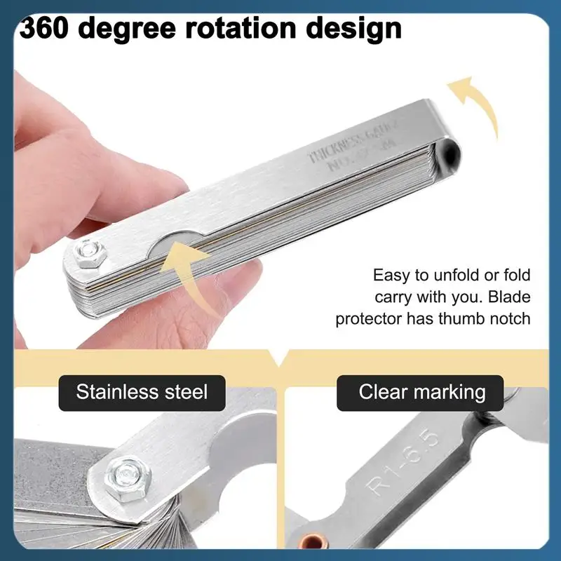 AB02 6 Pcs Stainless Steel Radius Gauge With Feeler Gauge Set Arc Radius Fillet Gauge And 0.04-0.88Mm Space Measure Tool