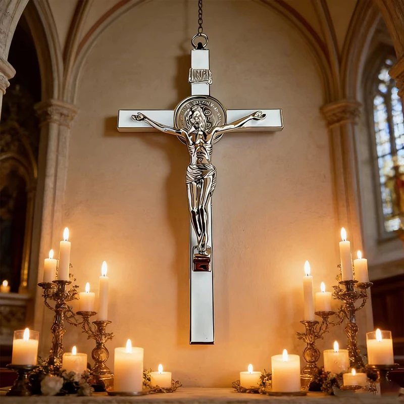 Neu2026 Traditionelles silberfarbenes katholisches St.-Benedikt-Kruzifix mit INRI-Gravur für Kirchenaltar und spirituelle Heimdekoration – Detail 6